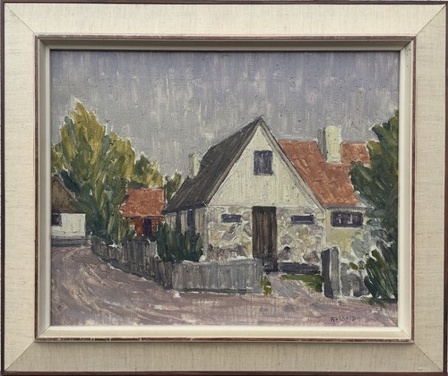Ölbild Postimpressionist Ahlberg Dorfstraße mit Häusern Schweden 44 x 52 cm - Bild 1 von 11