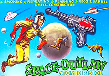 Vintage Space Outlaw Atomic Pistol on Laminated Metal Fridge Magnet