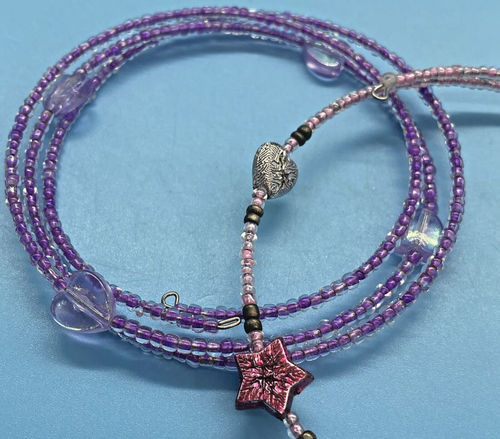 2 Wrap Beaded Bracelets Purple with Clear Hearts & Multi-Color Hearts and Stars - Picture 3 of 9