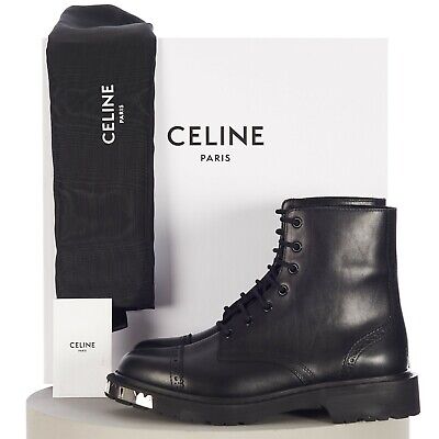 CELINE 1200 Black Ranger Lace up Boot Metal Tip Shiny Bull