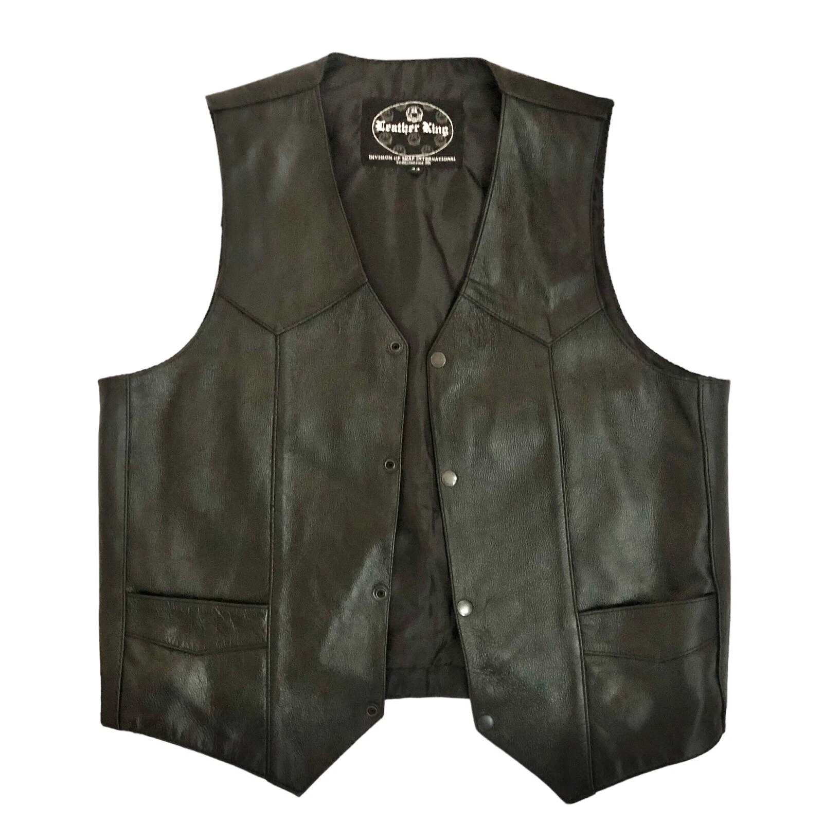 Leather King Mens Classic Snap Front Leather Western Biker Vest Mens 44 L