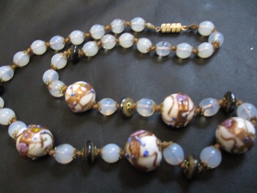 Antique Gold Foil VENETIAN Wedding Cake & Opal MOONSTONE GLASS Beaded Necklace - Bild 9 von 20