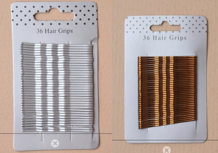 Card of 36 Hair Grips Brown Silver/grey Black Bobby Pins Kirby Grips