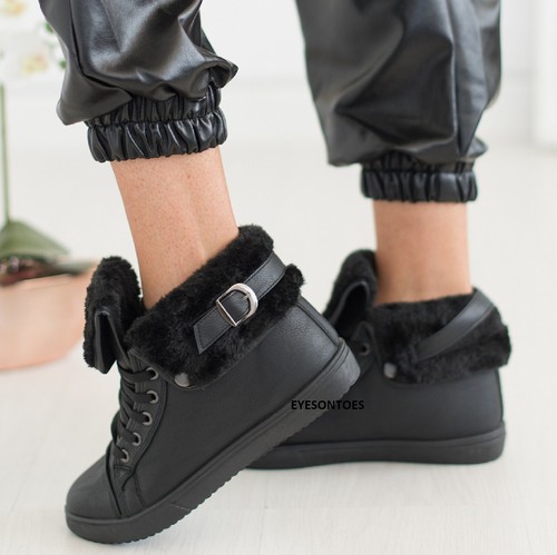 NEW LADIES WOMENS ANKLE WARM WINTER TRAINERS BLAC FAUX FUR WARM BLACK BOOTS  SZ | eBay