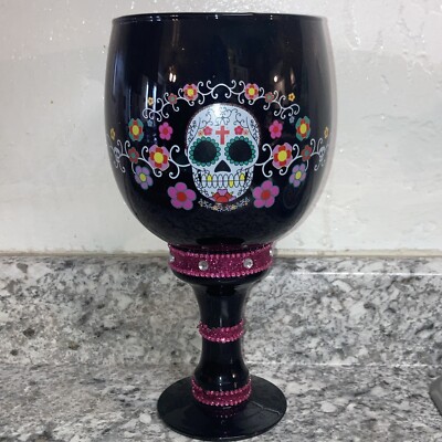 Giant 9  Gothic Black Day of The Dead Sugar Skull Wine Goblet Rhinestones EUC