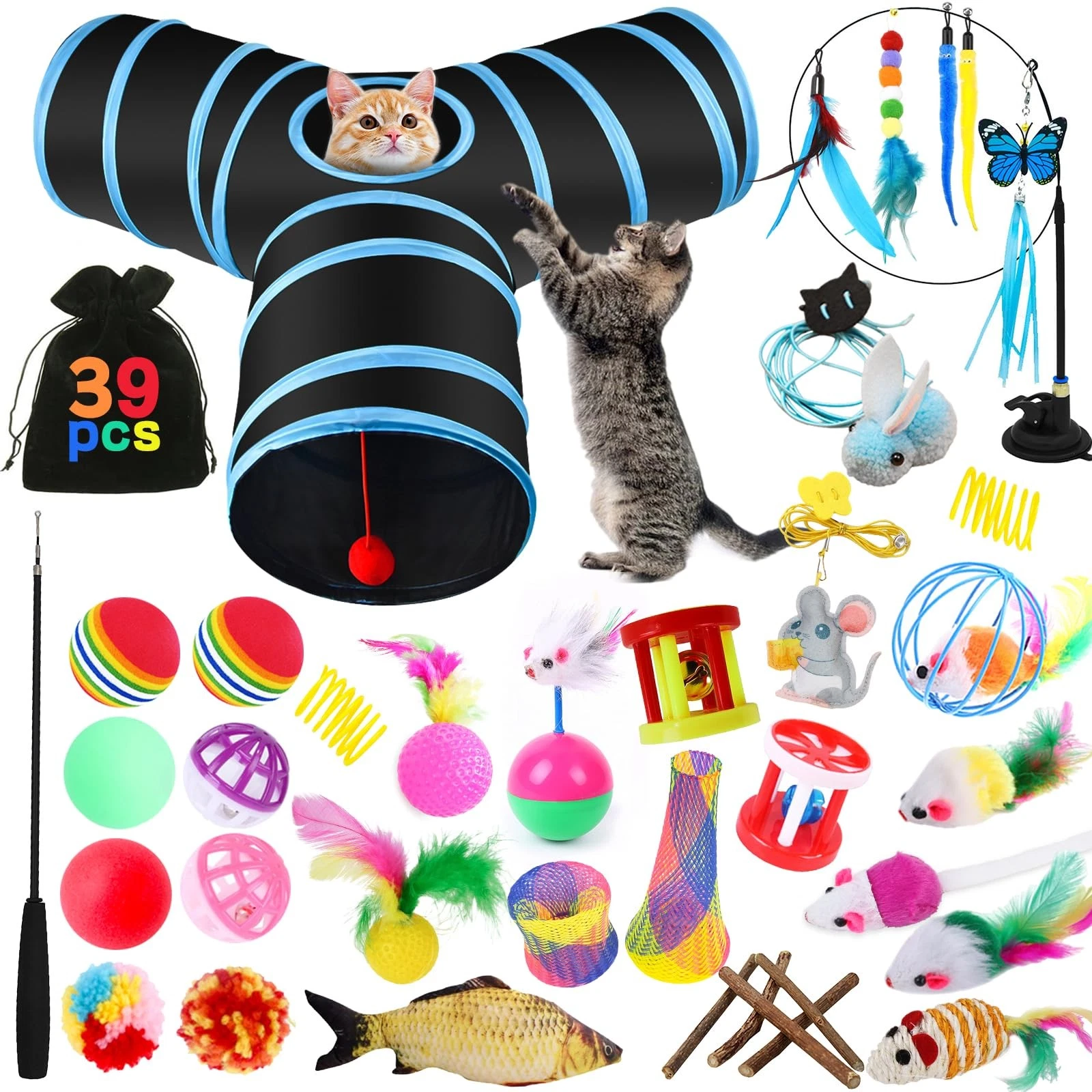 39 Piece Cat Toys with Cat Tunnel, Cat Toy Set with Cat Tunnel...