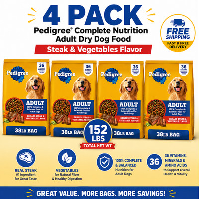 152 LB, 4Pack Pedigree  Complete Nutrition Adult Dry Dog Food -Steak & Vegetable