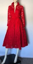 Carolina Herrera Red Floral Lace Midi Shirt Dress Long Sleeve Full A-Line Size 2