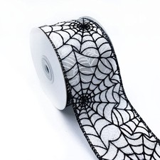 Halloween Wired Edge Ribbon 2.5 Inch x 10 Yard Black White Spider Web Satin