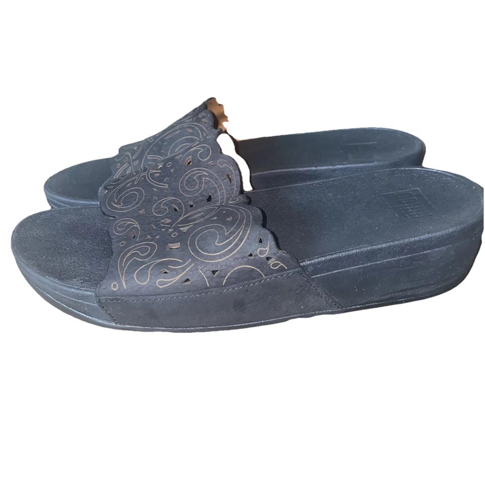 FitFlop Urban Flora Corte Láser Cuero Negro Mujer Sandalias Deslizables Cojín EE. UU. 8 Foto 2 de 4