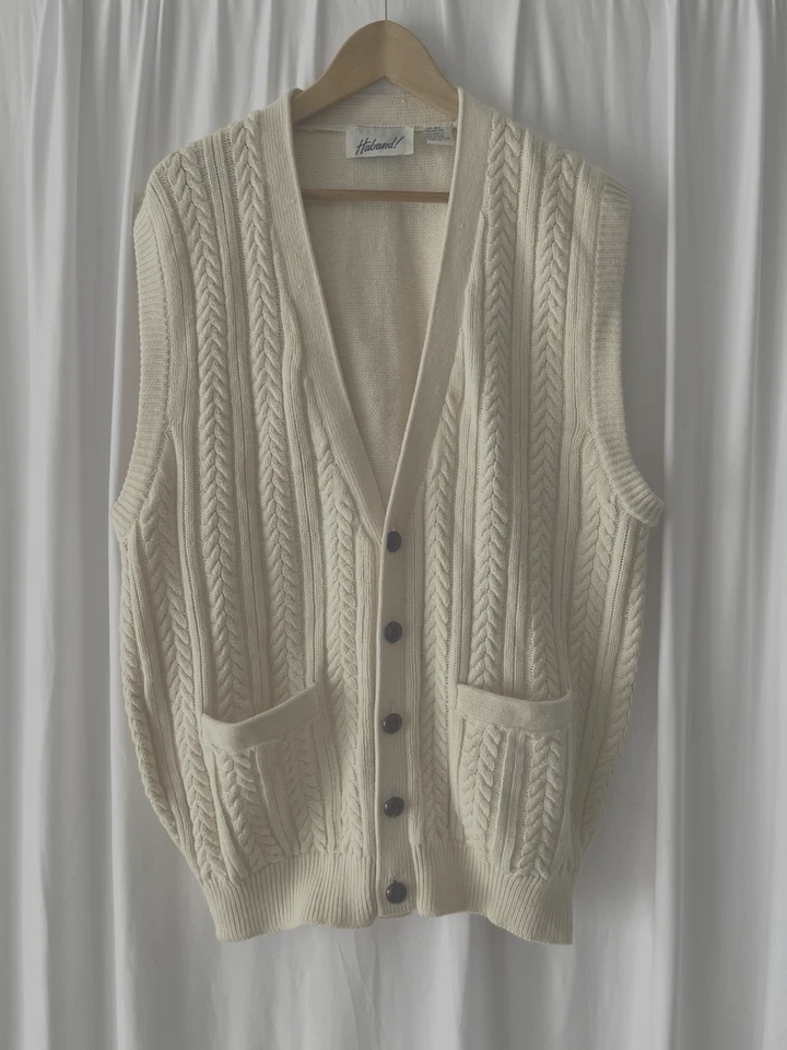 Haband! Cárdigan Suéter Chaleco Tejido con Cable Crema Y2K De Colección Para Hombres Talla XL Preppy Foto 2 de 4