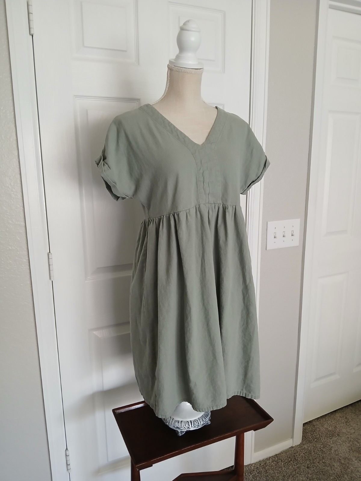 Pale Sage Green Linen Blend Dress S Boho Cottage Beach Resort Prairie Eurosummer