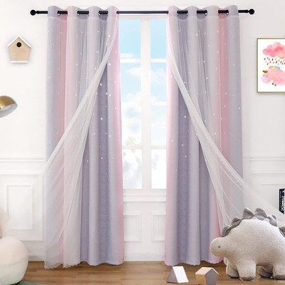 Pink Curtains for Girls Double Layer 2 in 1 Star Cutout Design Light Blocking...