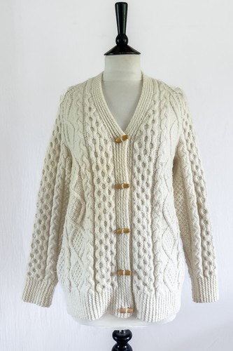 BOHO CHIC ORIGINAL 1970S VINTAGE ECRU CREAM WOOL ARAN CABLE KNIT CARDIGAN S/M - Picture 2 of 4