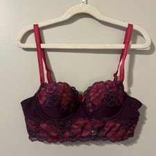 Adore Me Size 32A Purple Red Lace Bustier Longline Bra Underwire Lightly Lined