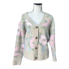 ASTR The Label Floral Fuzzy Cardigan Sweater Tan Pink Green Small Soft Cozy