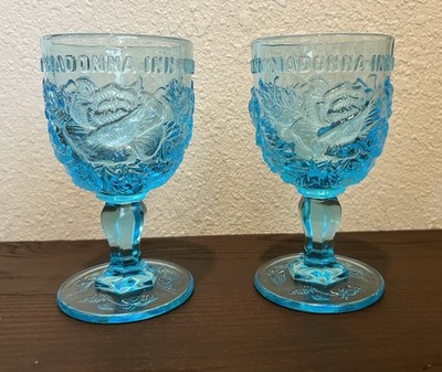 Pair Of Madonna Inn Goblets Aqua Blue Mosser Glass