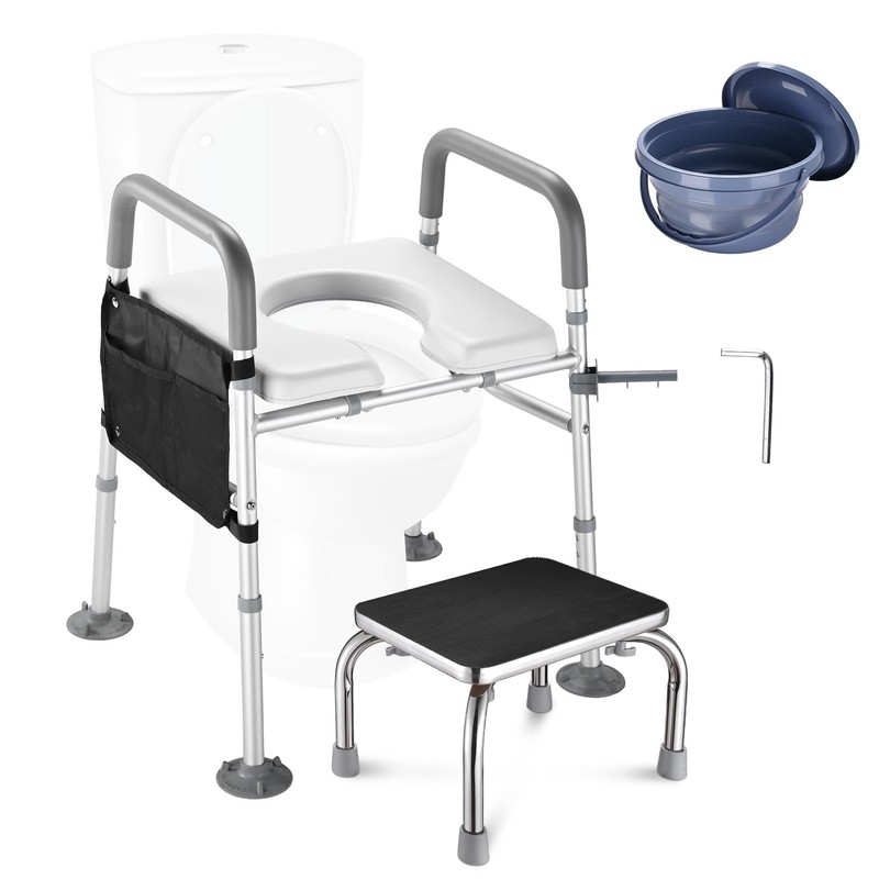 Yescom Raised Adjustable Toilet Seat w/ Steel Step Stool Bedside Commode Seniors