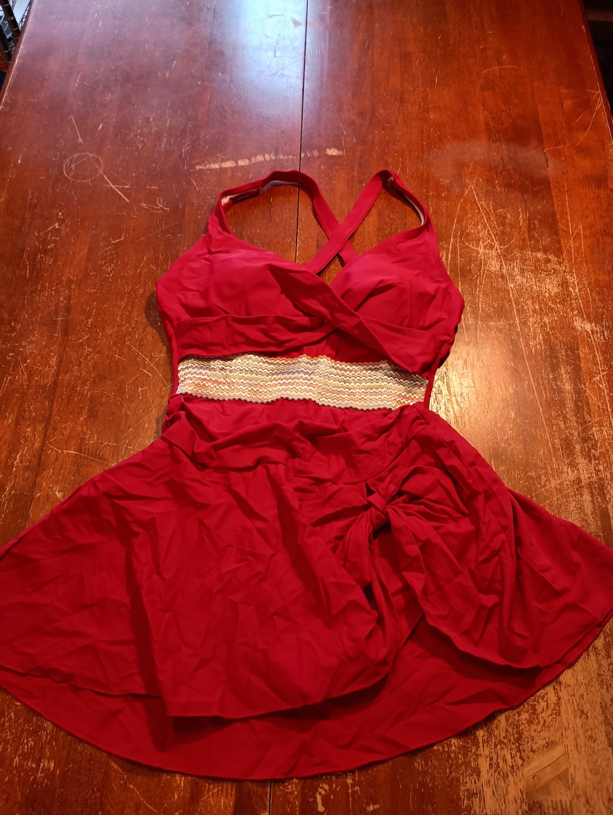 Aidonger Women's Red One Piece Tummy Control Swimsuit Dress Tie Back Size Medium