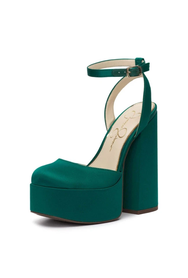 JESSICA SIMPSON SKILLA verde cetim plataforma bomba fivela alça salto tamanho 8 médio - Imagem 3 de 4