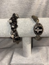 Black Silver Beaded Cuff Bracelet Set Cross Round Barrel Closure Fashion Jewelry
