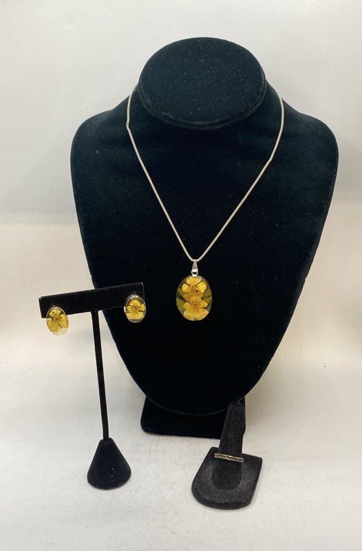 Sterling Silver 925 Yellow Flower Resin Jewelry Set Necklace Earrings Ring 6.5