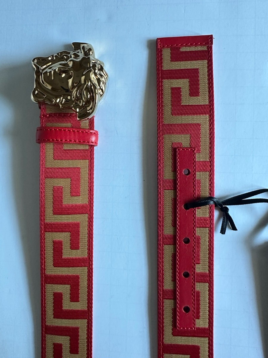 (男女兼用) 90/36 VERSACE ゴールド レザー ベルト Versace Medusa-Buckle Greca Calf Leather Red/Gold Belt 90