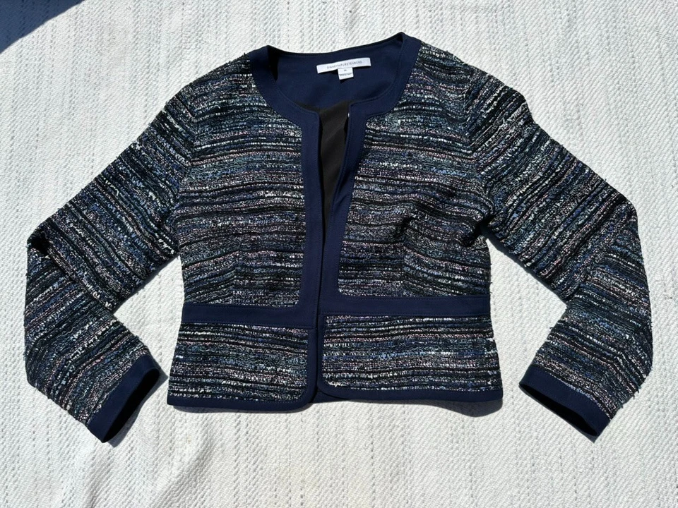 Diane von Furstenberg Jacket Size 10 Blazer Blue Tweed Trim Lined Hook Eye - Изображение 2 из 4