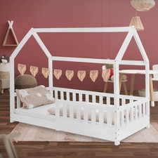 Lit d'enfants anti-chute en bois blanc sommier à lattes aspect maison 160x80 cm