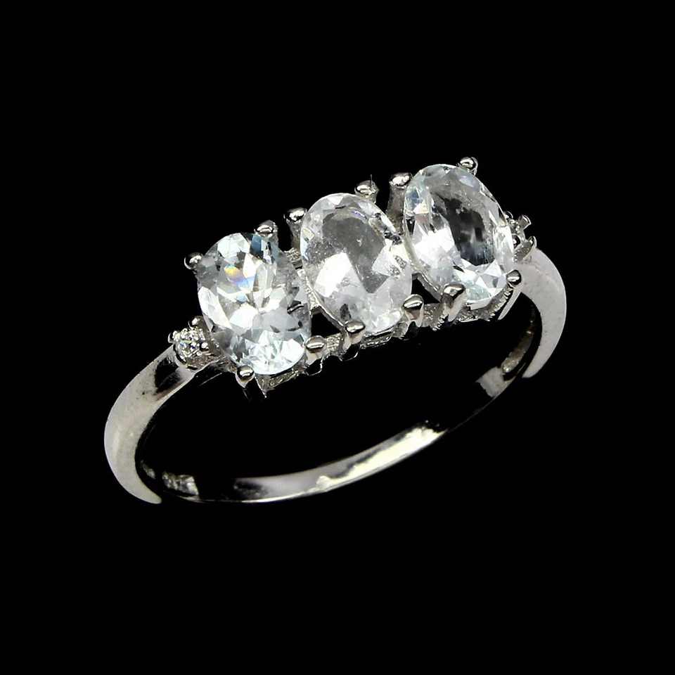 925 Anello Argento Sterling Ovale Acquamarina 6x4mm Naturale Gemma Gioielli - Immagine 2 di 4