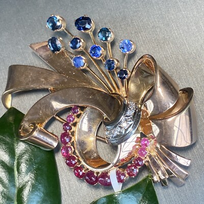 Vintage Ruby Sapphire Diamond Bow Brooch Estate Fine Jewelry  display picture 1