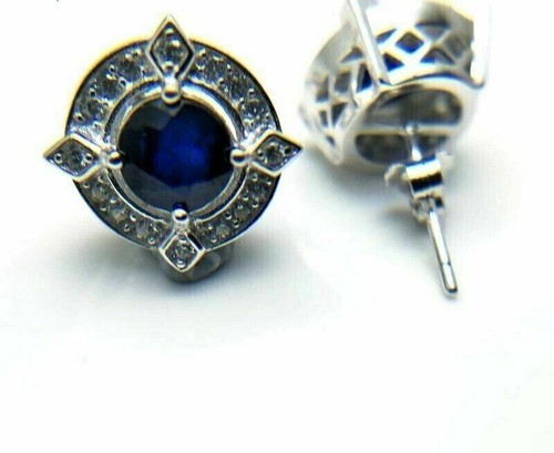 Art Deco Round Cut Sapphire Lab Created Diamond Stud Wedding Earrings 925 Silver - Picture 3 of 7