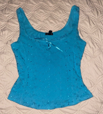 Blue Ruffle Corset Tank Cami Size Large F.A.N.G y2k w/ Embroidered Detail
