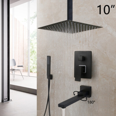 Ceiling 3-Way 10  Black Shower Head Mixer Valve Swivel Spout Hand Shower Faucet