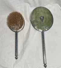 Vintage Vanity Set Green Celluloid Mid Century Brush And Mirror