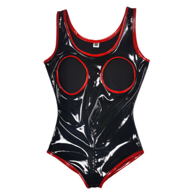 Damen Kunstleder Bodysuit Wet Look Jumpsuit Sexy Erotisch Durchbrochen Clubwear