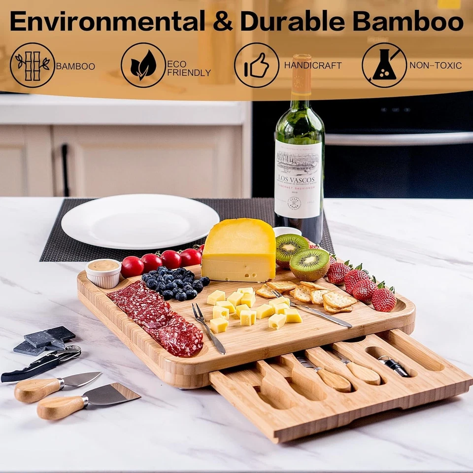 Kitchen Bamboo Cheese Board Knife Set Large Charcuterie Boards & Cheese Platter - Image 4 of 4