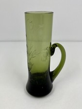 Vintage Handled Shot Glass Etched Floral Design Green Shooter Cordial Liqueur