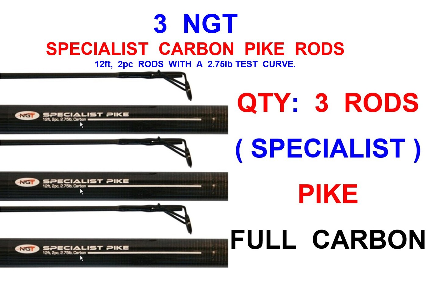 3 NGT 12ft SPECIALIST 2pc CARBON PIKE RODS CARP BARBEL CATFISH SPOD MARKER