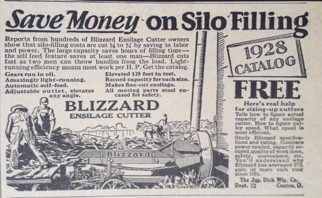 VINTAGE AD 1928 (XX50)BLIZZARD ENSILAGE CUTTER SILO FILLER. CANTON