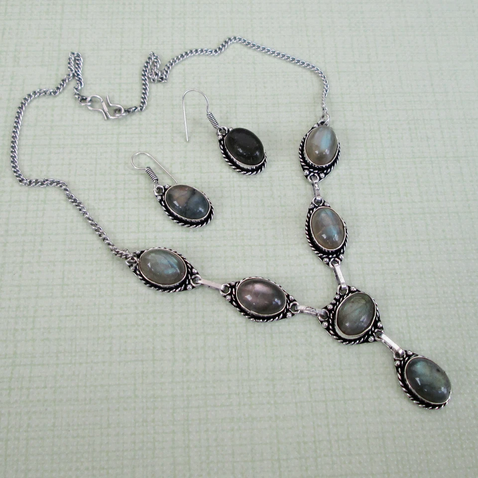 Conjunto de joyas pendientes collar chapado en plata joyería premium labradorita Foto 4 de 4