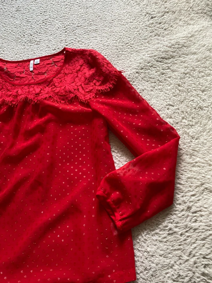 Blusa roja de encaje transparente a lunares manga larga cuello redondo Elle para mujer talla M Foto 2 de 4