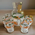 Vintage OJ Carafe w/out lid & 5 Juice Glasses Anchor Hocking? Oranges Leaves Exc