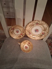 Beautiful Vintage Ansley Teacup with Saucer and Dessert Plate. Floral and Gold. 
