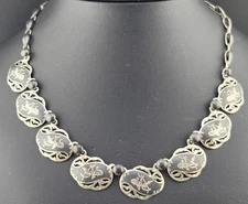 Antique Siam Niello Dancer Art Deco Black Enamel Sterling Silver Panel Necklace