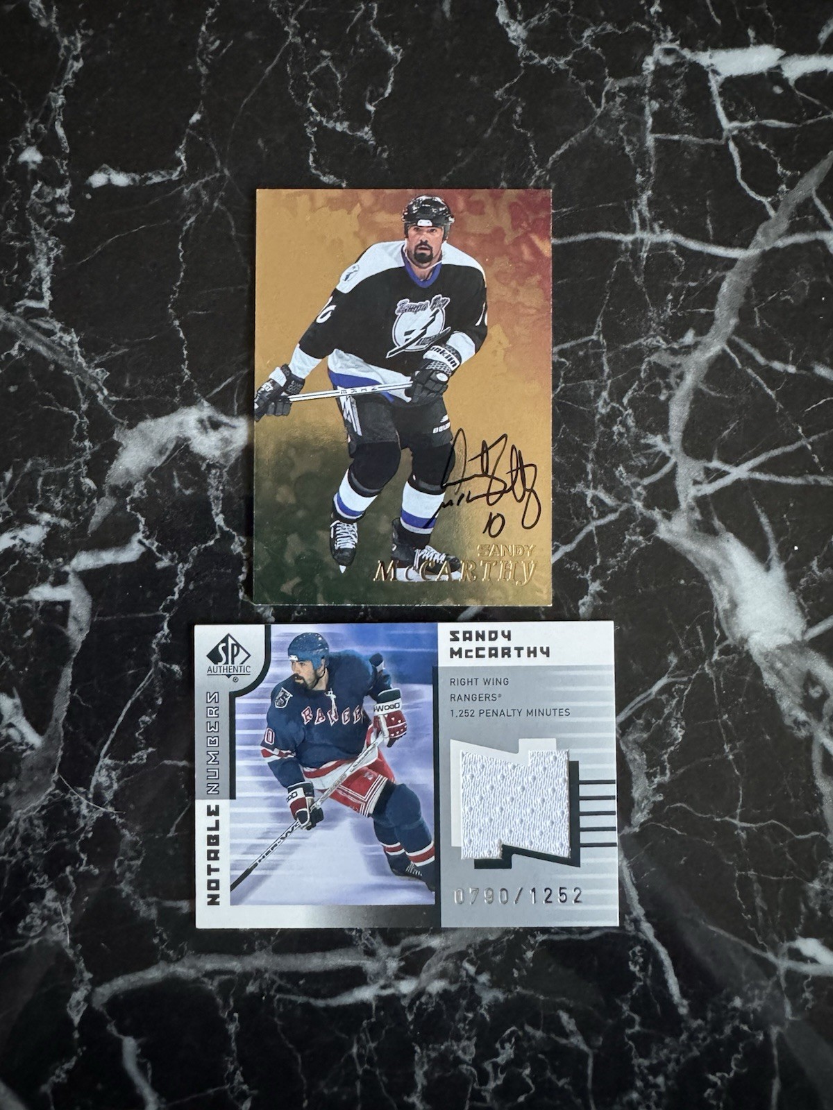 (2) Sandy Mccarthy 2001-02 SP Authentic Jersey / 1998-99 BAP Gold Autograph Card