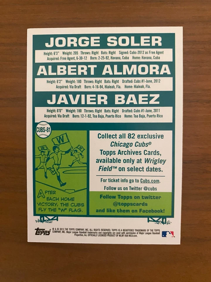 2013 Topps Archives Cubs Future Stars (Soler, Almora, Baez) - Image 2 of 2