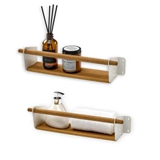 Set of 2 Acacia Wood Floating Wall Shelves, 15"x0.8"x2.7" Wall Mounted Storag...