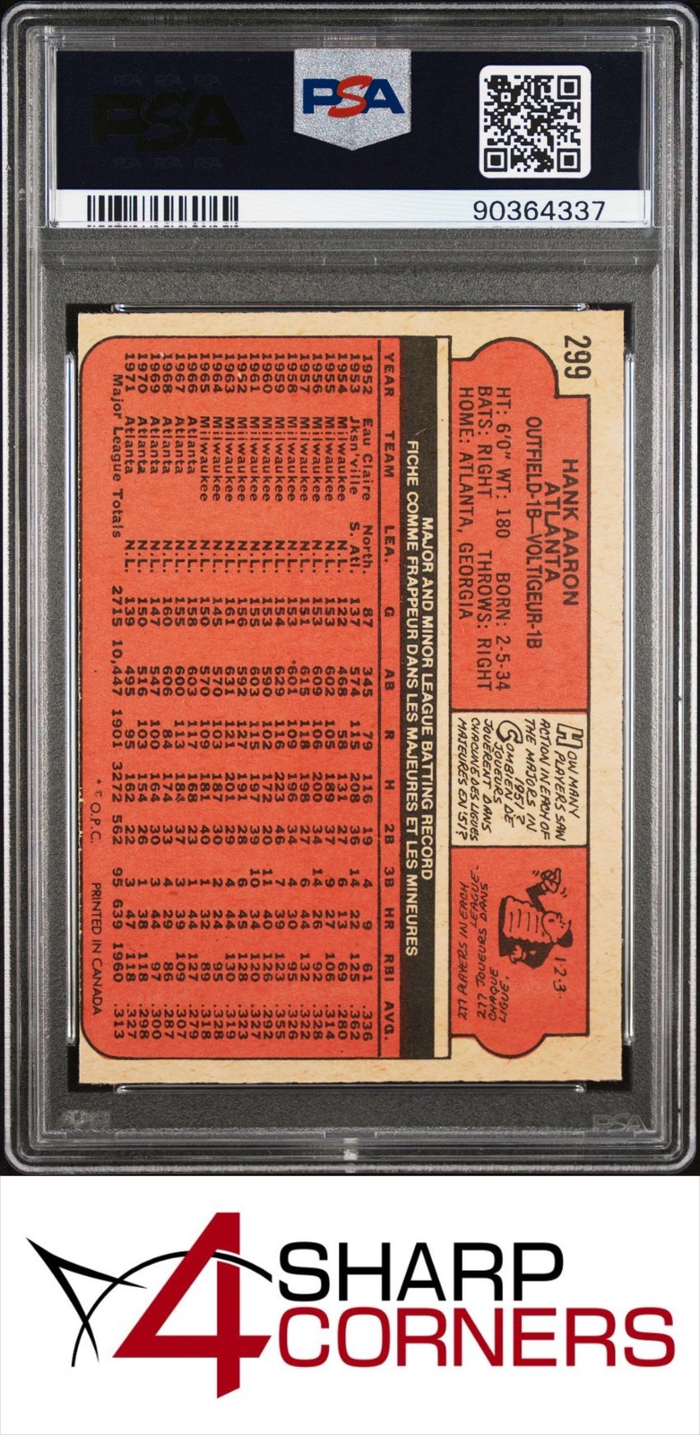 1972 O-PEE-CHEE #299 HANK AARON BRAVES HOF PSA 8 view 2