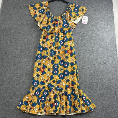 LuLaRoe Dress Womens Medium, Yellow Floral Cici Ruffle Off Shoulder Midi